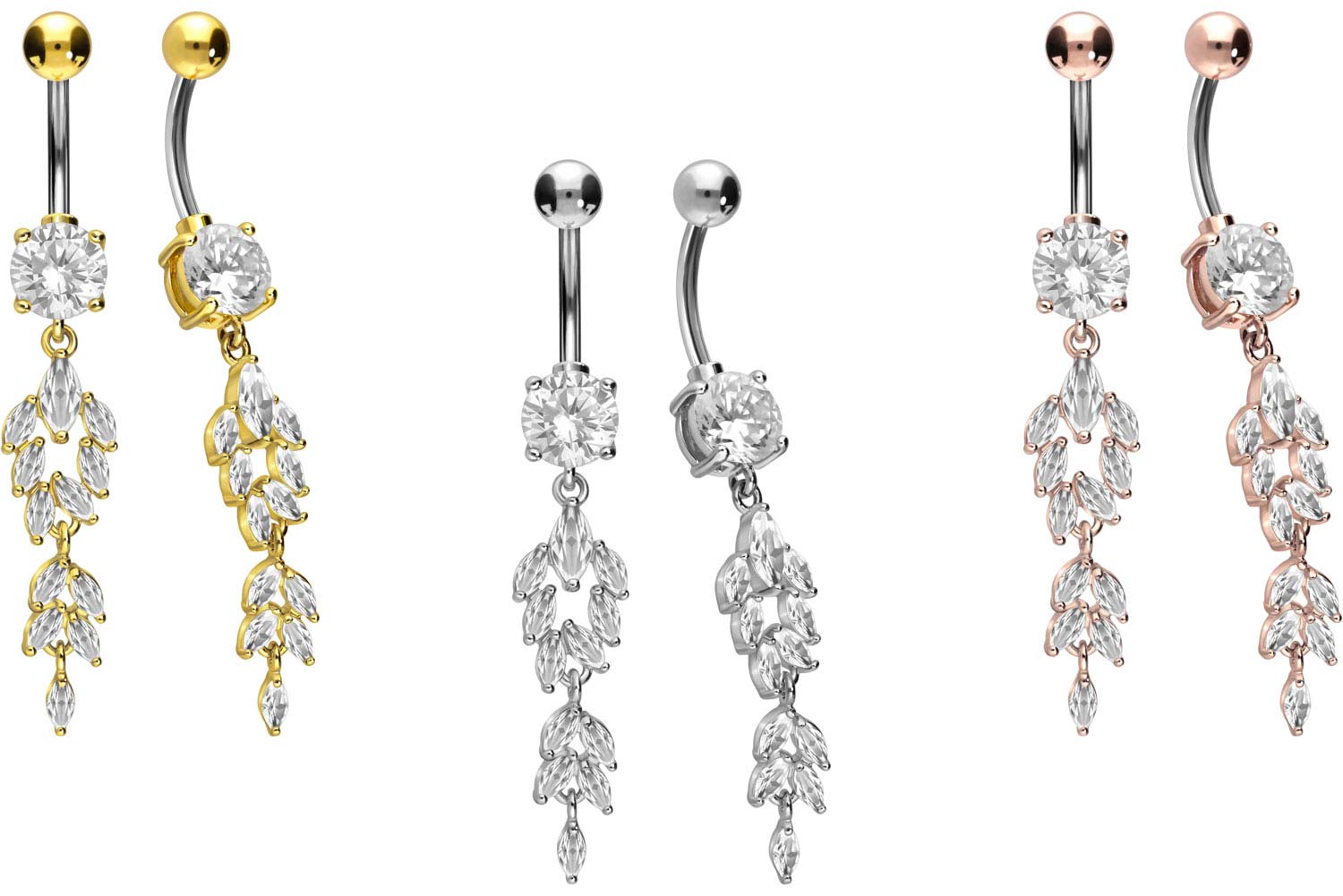 Piercing Nombril Banane Avec Chaîne Et Cristaux - Tige Flexible 16mm, Acier Chirurgical 316L, Choix De Couleurs